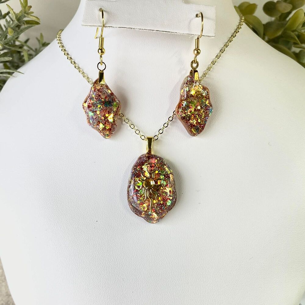 Handmade Gold Glitter Resin Sun Necklace & Earrings Set | Unique Glitter Jewelry - Picture 2 of 5